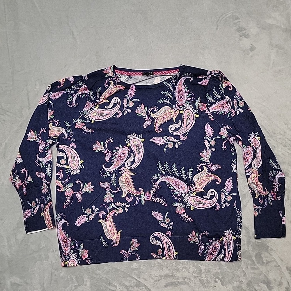 Talbots Sweater Womens 2X Blue Paisley Puff Sleeve Knit Pullover Crewneck career